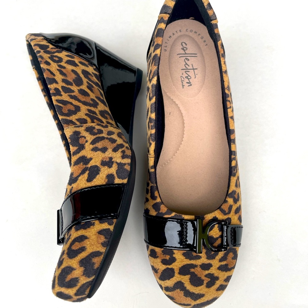 Clarks Collection Womens Flores Poppy Leopard Print Wedge Pump, Size 6.5M.